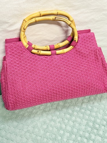 NWOT Women’s The Sak Hot Pink Hand Bag Crochet Body Bamboo Handles 12” - Picture 2 of 17
