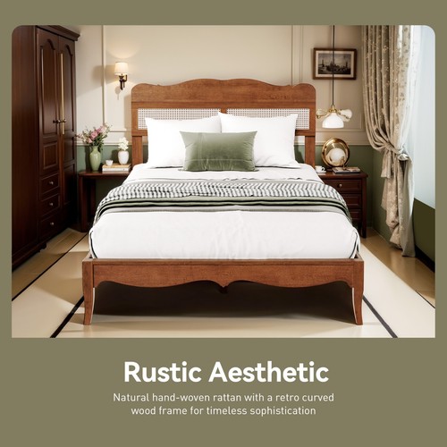 Bed Frame Solid Wood with Rattan Headboard Modern/Retro Full Queen King Size - Picture 12 of 35