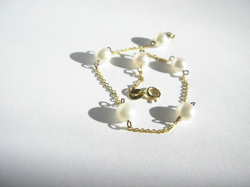 Bracciale Oro Giallo 14K Sei Perle Filo Catena 7" pollici 2 grammi Designer GS - Foto 12 di 17