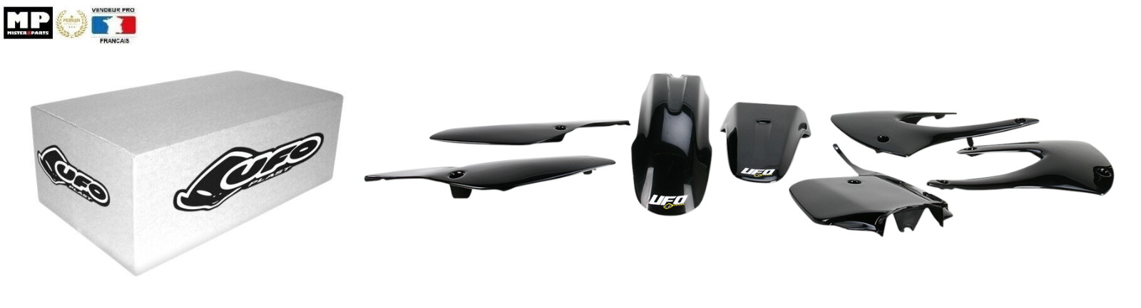 Kit plastique UFO noir Kawasaki KX 85 garde boue ouïe plaque carénage