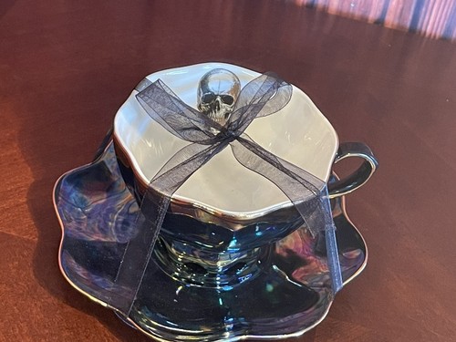 skull black Elegance Halloween Gothic Tea Cup And Saucer Set of 2 black - Picture 7 of 11