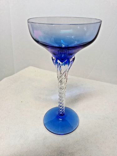 Vintage Blue/Clear Crystal Glass Footed Taper Candleholder 7" Tall Twisted Stem - Picture 2 of 12