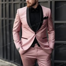 Men's Pink Shawl Lapel Blazer Groom Tuxedos Party Prom 2 Piece Wedding Suit