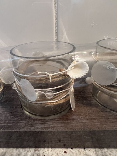 CAPIZ TEALIGHT CENTERPIECE Shell Tealight Candle Glass Holder Set of 4 WOOD BASE - Picture 5 of 8