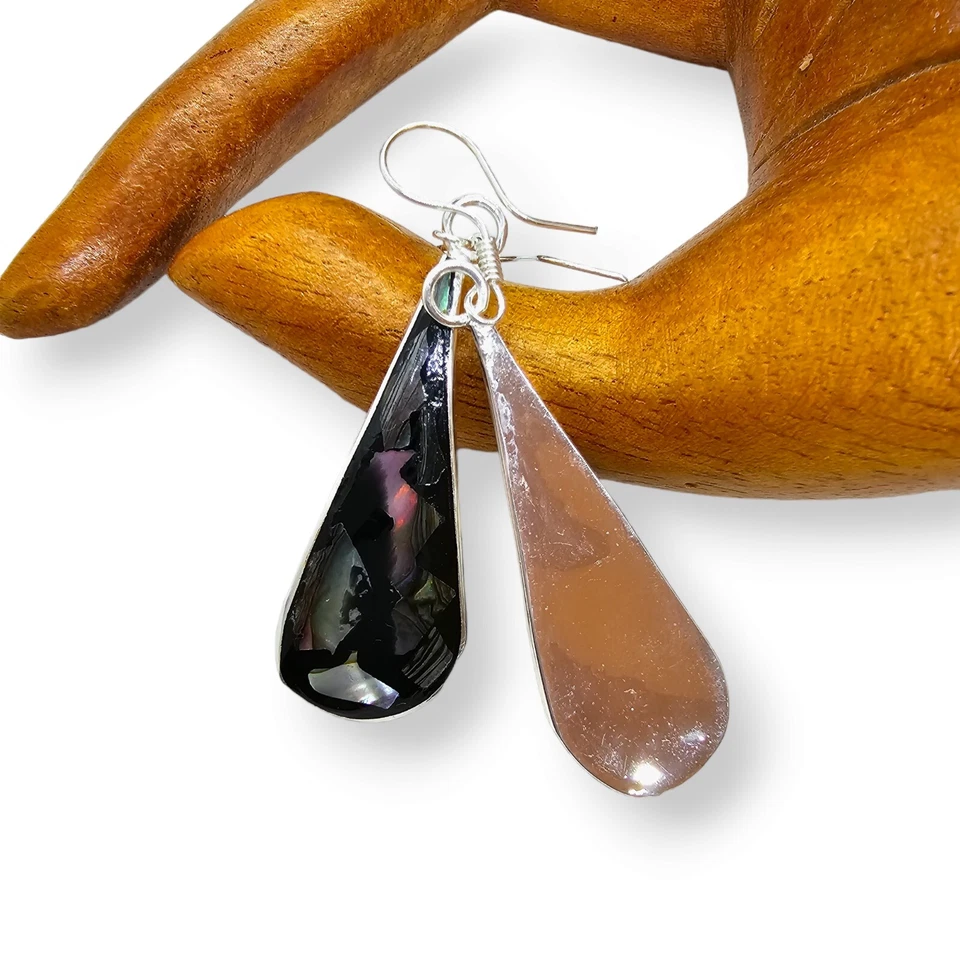 Mexican Abalone Shell Inlay Mosaic Earrings – Silver Plated Teardrop Dangle Foto 3 de 4