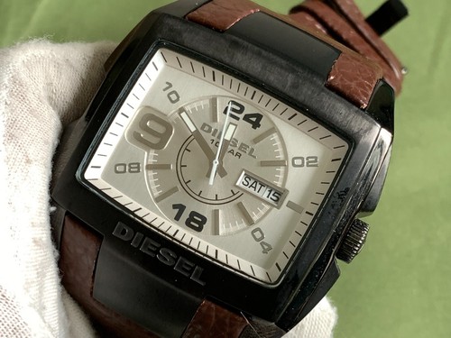 DIESEL DZ-1216 DAYDATE Silver Dial 10 ATM Brown Leather/Blk/Blk QUARTZ MEN WATCH - Picture 3 of 19