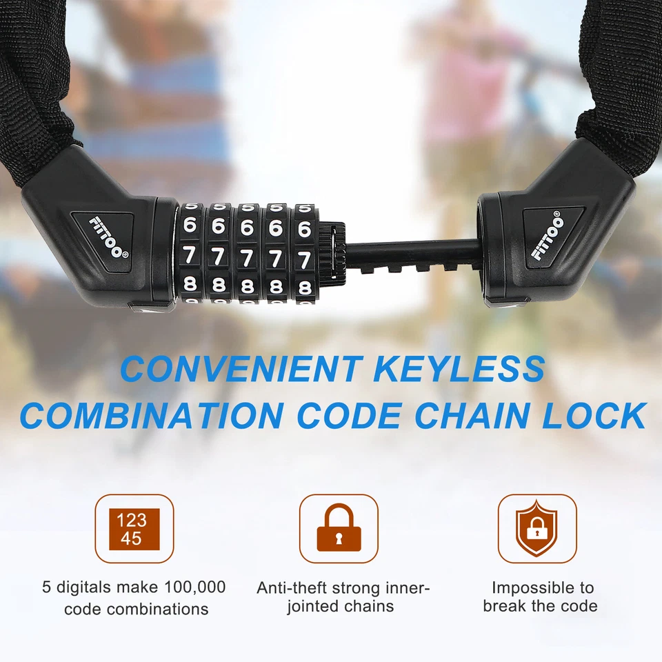 FITTOO Bike Bicycle Motorcycle Chain  Lock Heavy Duty 5-Digit  Resettable 1M - image 3 of 4