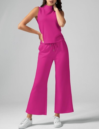 Two Piece Sets Women Summer Lounge Mock Neck Tops Wide Leg Crop Pants Outfits - Picture 110 of 180