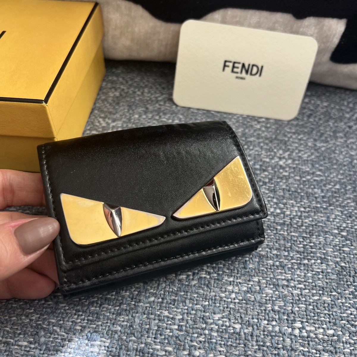 Fendi Bifold Wallet Monster Eye Black Gold Leather Made in Italy