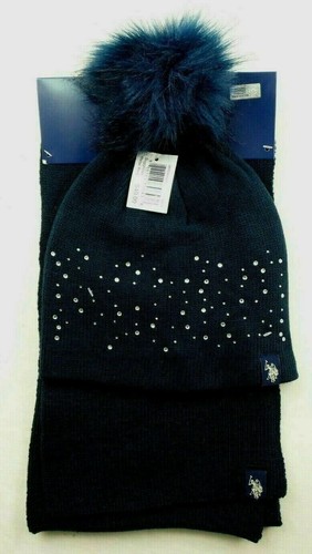 U.S. Polo Assn. Women's Knit Scarf & Pom Pom Hat Set Navy Black Ivory New MSP$40 - Picture 2 of 11