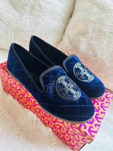 NIB Tory Burch Quilted Billy Slipper Velvet Leather Flats Size 6/36 Navy/Black