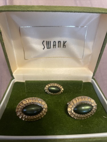 GEMELLI VINTAGE VERDE SWANK PIETRA DI LUNA TONO ORO NUOVI CON SCATOLA Gioielli Uomo MCM - Foto 2 di 5