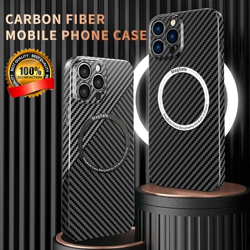 Coque en fibre carbone magnétique de charge sans fil For iPhone 15 14 13 12 Pro - Photo 1 sur 20