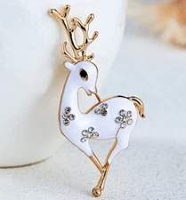 Classic CHRISTMAS DEER Rhinestone REINDEER White Enamel Vintage Inspired Brooch