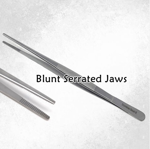 STAINLESS STEEL SERRATED DRESSING TWEEZERS 8" (20cm) BLUNT PICK UP TOOL - Picture 2 of 4