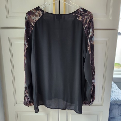 Mossimo Blouse XL Black Blue Brown Crossover Bubble Hem Front Long Sleeve V Neck - Picture 10 of 10