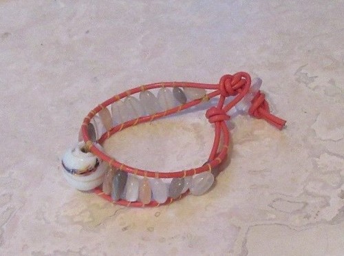Moonstone Bracelet Natural Multi-color Moonstone w Vintage Glass on Leather - Picture 2 of 8