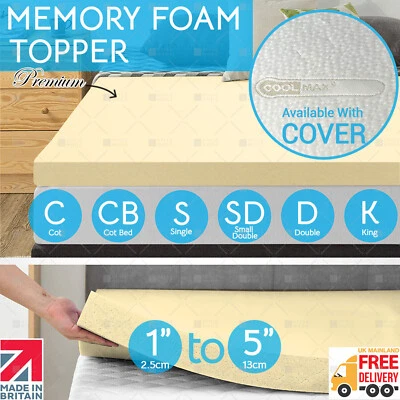 Memory Foam Mattress Topper Orthopaedic Mattress 1"-5" Thick Pad Mat All Sizes