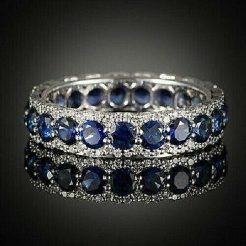 2Ct Round Lab-Created Sapphire Eternity Wedding Band Ring 14K White Gold Plated - Foto 6 di 6