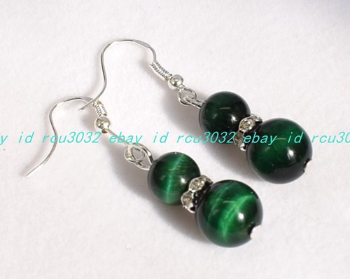 Hermosos pendientes de gancho colgantes de piedras preciosas con cuentas redondas ojo de tigre verde de 8-10 mm - Imagen 5 de 12