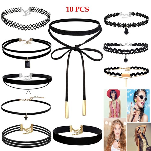 10PCS Choker Set Women Jewelry Tattoo Gothic Pendant Necklace Lace Velvet Choker - Picture 2 of 7