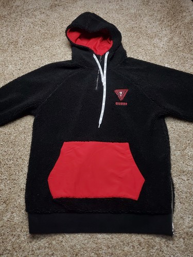Guess Sherpa Hoodie Size XL Mens Black 1/4 Zip Pullover Embroidered Sweatshirt - 第 4/11 張圖片