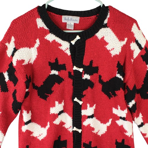 Vintage Belle Pointe Knit Sweater Cardigan Holiday Women Size S Dog Puppy Red - Picture 3 of 11