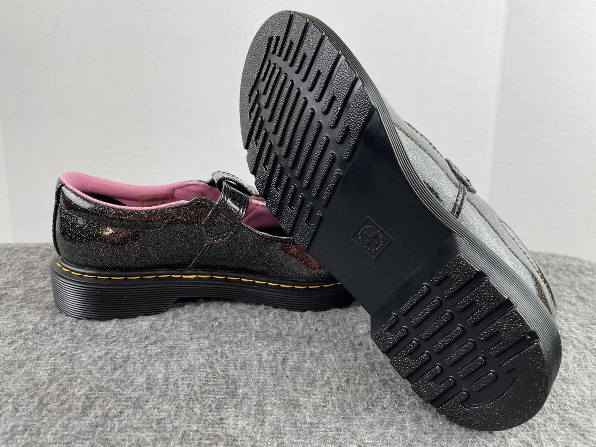 Dr. Martens Polley Mary Janes Black Sparkle Pink Flowers
