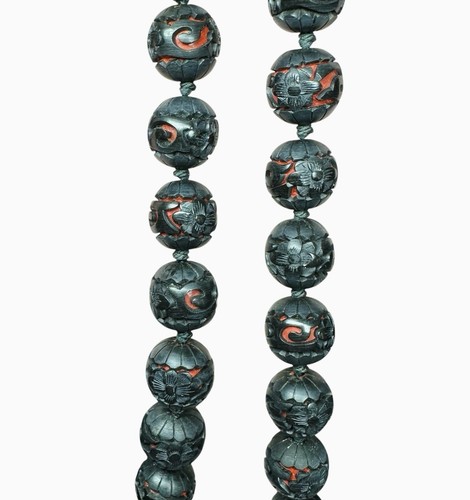 Antique Asian Carve Cinnabar Necklace Silver Vermeil Hand-Knotted Black Over Red - Picture 8 of 22