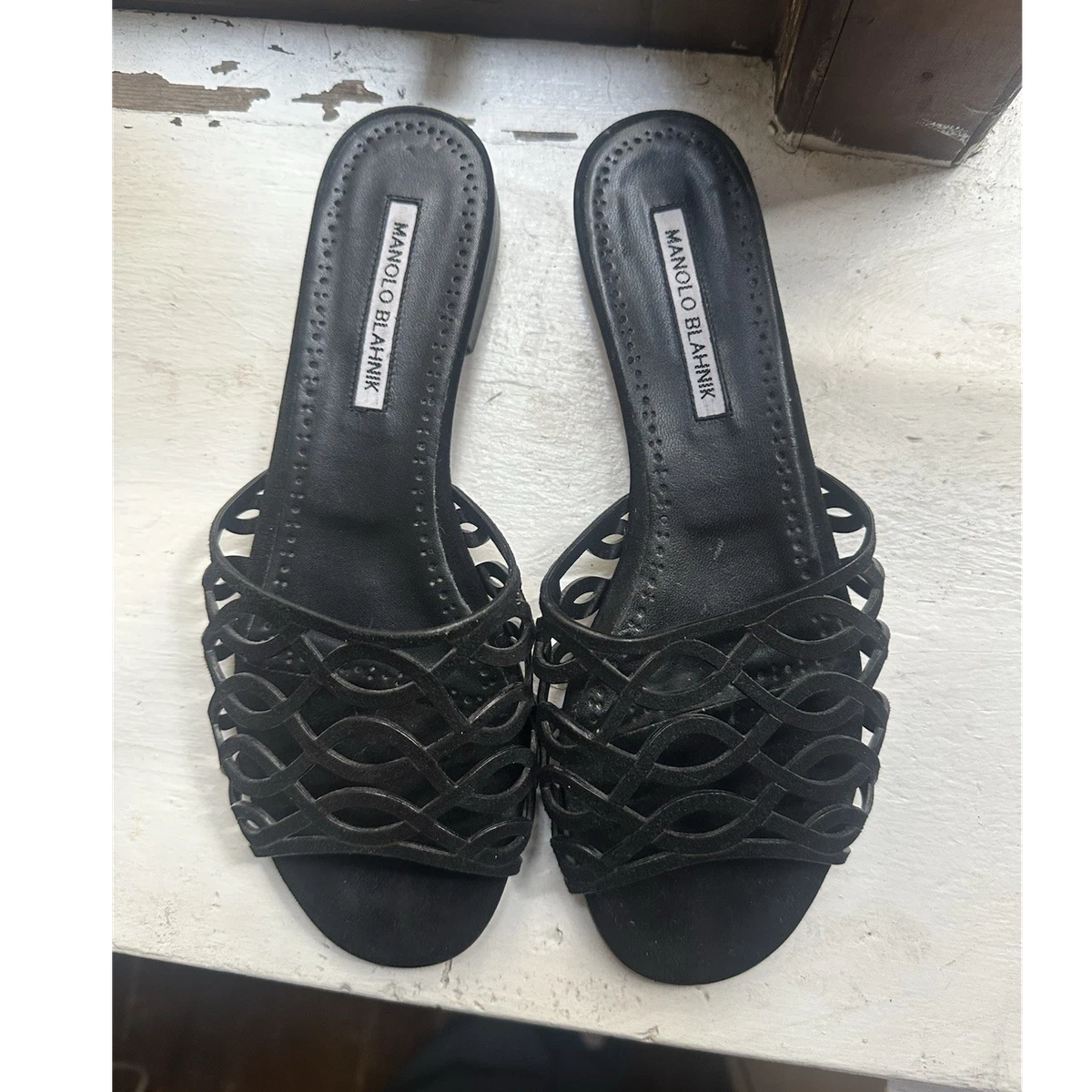Manolo Blahnik Black Croc-Embossed Double-Strap Slides Manolo Blahnik Flat Sandals in Black Satin with Jewel Buckle  main image 2
