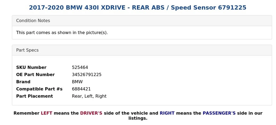 BMW 430I XDRIVE 2017-2020 - ABS/sensor de velocidad trasero 6791225 Foto 4 de 4