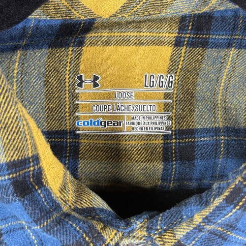 Under Armour Shirt Mens Large Borderland Flannel Lumberjack Yellow Blue Plaid - Picture 3 of 13