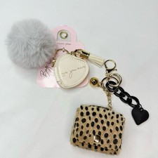 Leopard Print Bag w/Black Chain Heart AND White Zip Heart w/Pom Pom Key Fobs NWT