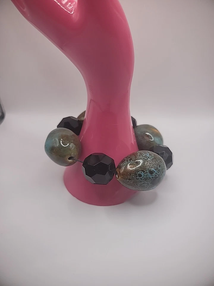 Vintage Bracelet Blue Tan Chalcedony Stone Beaded Black Faceted Stretch - Image 3 of 4