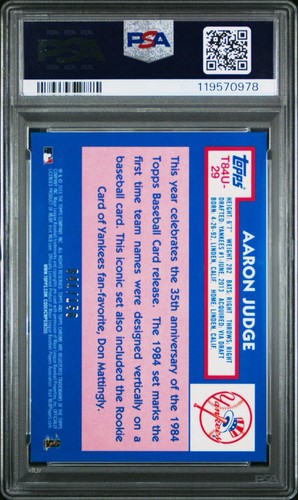 ๐ 2019 TOPPS SILVER PACK 1984 CHROME PROMO 29 AARON JUDGE BLUE REFRACTOR ๐ PSA - Picture 2 of 3