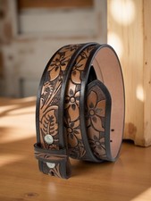 Women's Western Leather Belt, Floral Embossed Cowgirl Hand Tooled Belt 1-1/2"