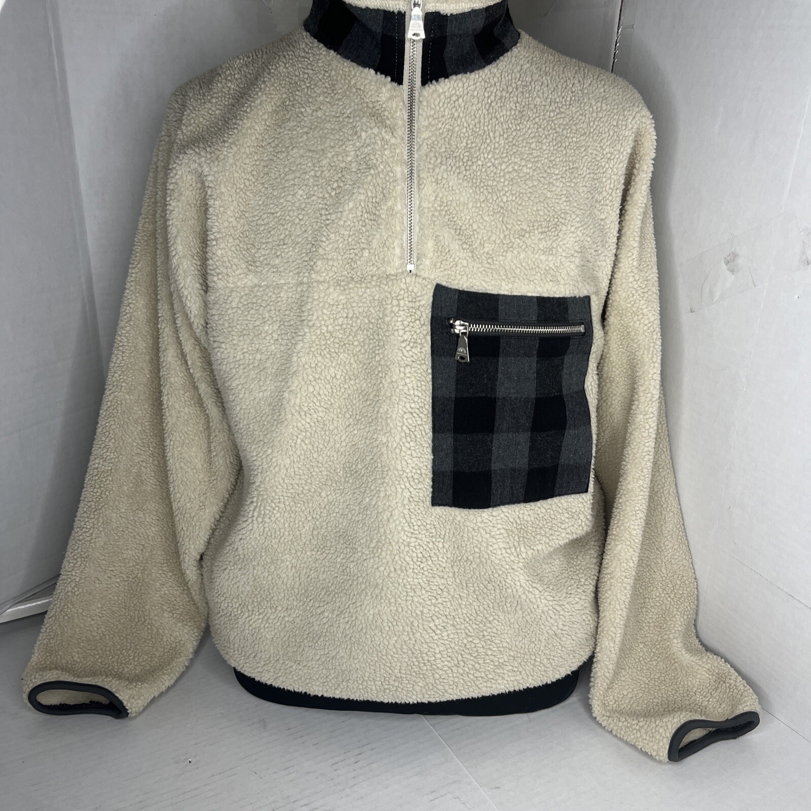 Adam Lippes Beige Sherpa Fleece Pullover Plaid Ta… - image 1