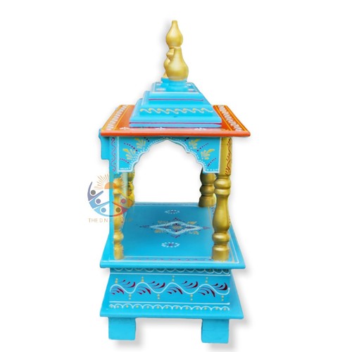En Bois Temple Mandir Pour Worship Bleu Main Peint Pooja Ghar Mandap Avec Tiroir - Photo 4 sur 8