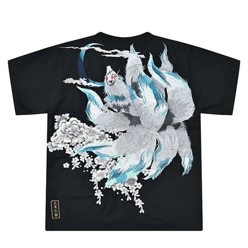 Mens Japanese Myths Pattern Embroidery 9-Tailed-Fox Cotton T-Shirt Black Unisex - Picture 3 of 22