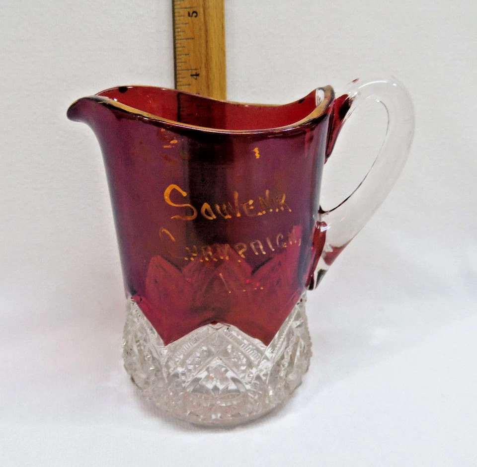 Antique EAPG Ruby Red Flash Glass Creamer Mug / Cup / Champaign, Ill - Image 3 of 4