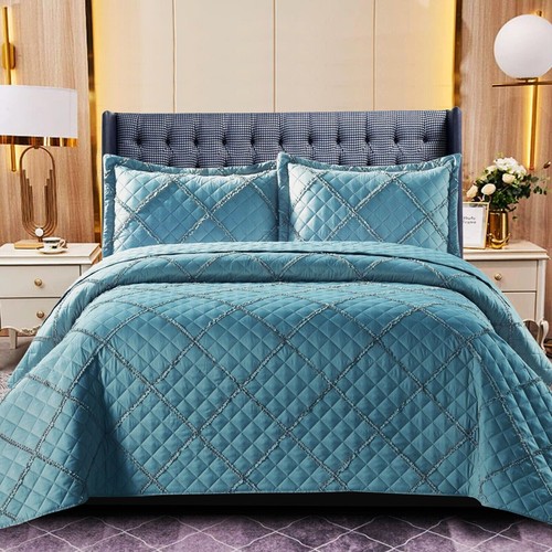 3 Piece Quilted Bedspread Bed Throw Single Double King Size Embossed Bedding Set - Picture 24 of 49
