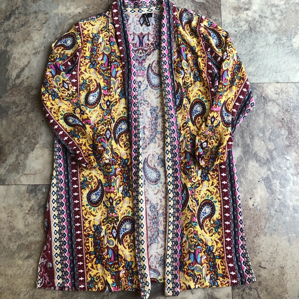 Cárdigan/suéter delantero abierto multicolor con estampado de cachemira boho para mujer - talla L Foto 2 de 4