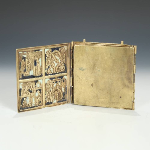 ANTIKE RUSSISCHE ALTGLÄUBIGE 3 BLATT IKONE BRONZE EMAILLE BIBEL GESCHICHTEN 19. JH. - Bild 2 von 8