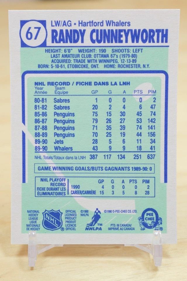 1990-91 O-Pee-Chee OPC Base #67 Randy Cunneyworth - Hartford Whalers - Image 2 of 2