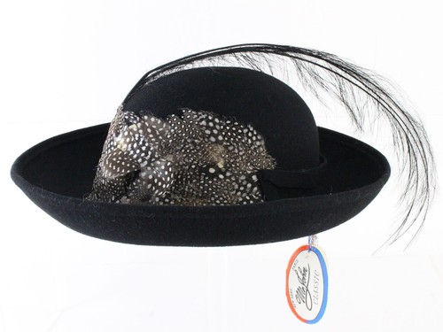 Mr John Classic Ladies Black Wool Felt Boutique Hat W/ Feathers 7 56cm - Picture 1 of 6