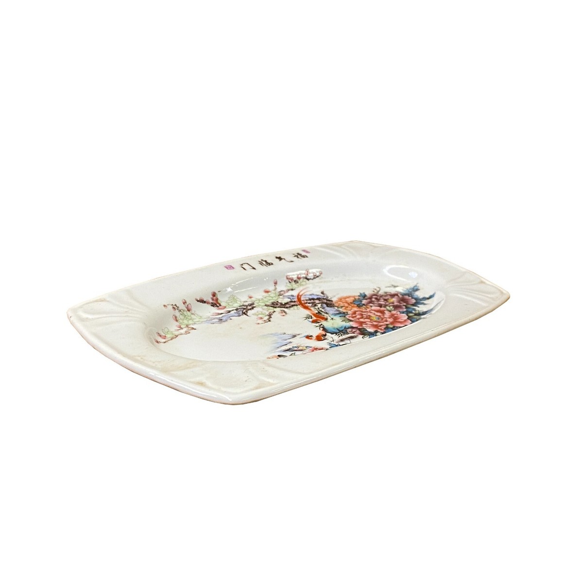Chinese Off White Porcelain Flower Bird Rectangular Display Plate ws3195S Chinese Off White Porcelain Flower Bird Rectangular Display Plate ws3195S