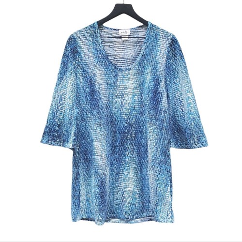 JORDAN TAYLOR BELL SLEEVE SHEER STRIPE LONG TUNIC TOP BLUE WOMEN'S SIZE MEDIUM - Picture 2 of 12