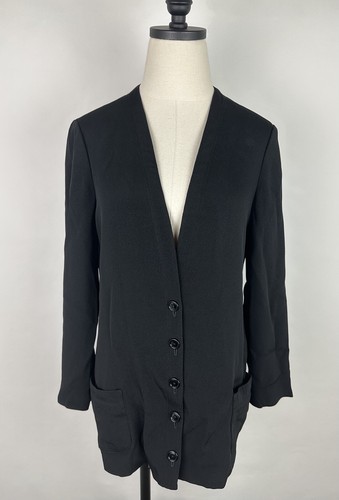 Vintage Rayon Crepe Jacket Womens Small Black Blazer Minimalist Preppy 80s - Picture 1 of 13