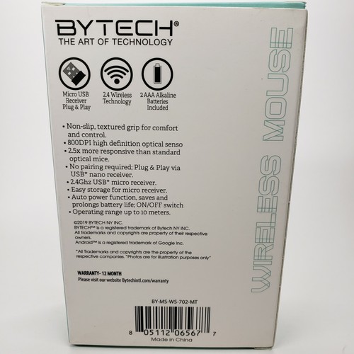 BYTECH 2.4GHz WIRELESS MOUSE PLUG AND PLAY - 2 AAA Batteries included NEW NIB - Picture 3 of 4