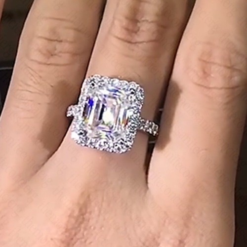4.2Ctw Emerald Cut Moissanite Classic Halo Engagement Ring 14K White Gold Plated - Picture 11 of 17